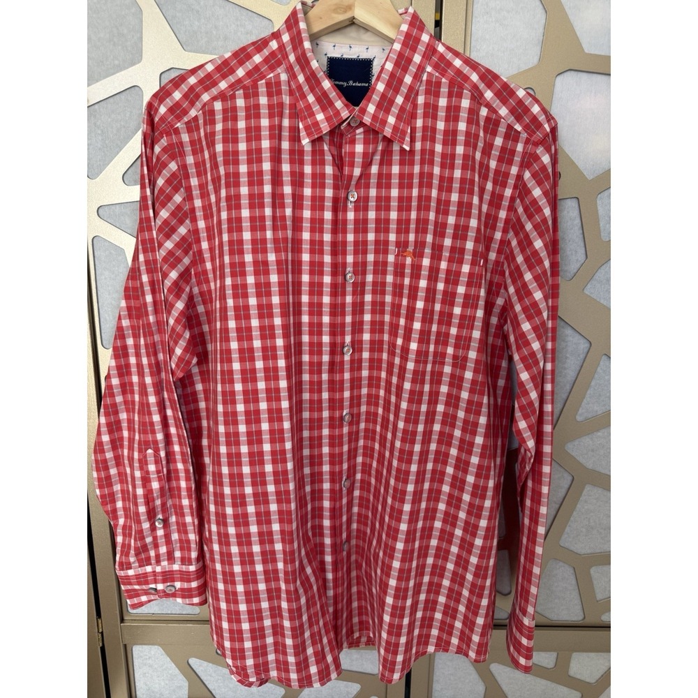 Tommy Bahama Mens Large Red Check Gingham Long Sleeve Button Up Down Shirt M